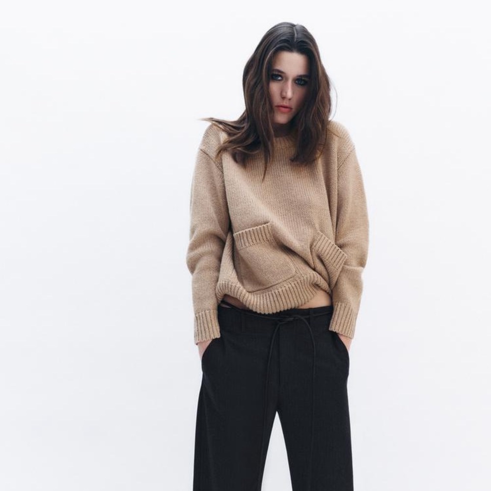 Zara Knit Double Pocket Crewneck Sweater in Light Brown